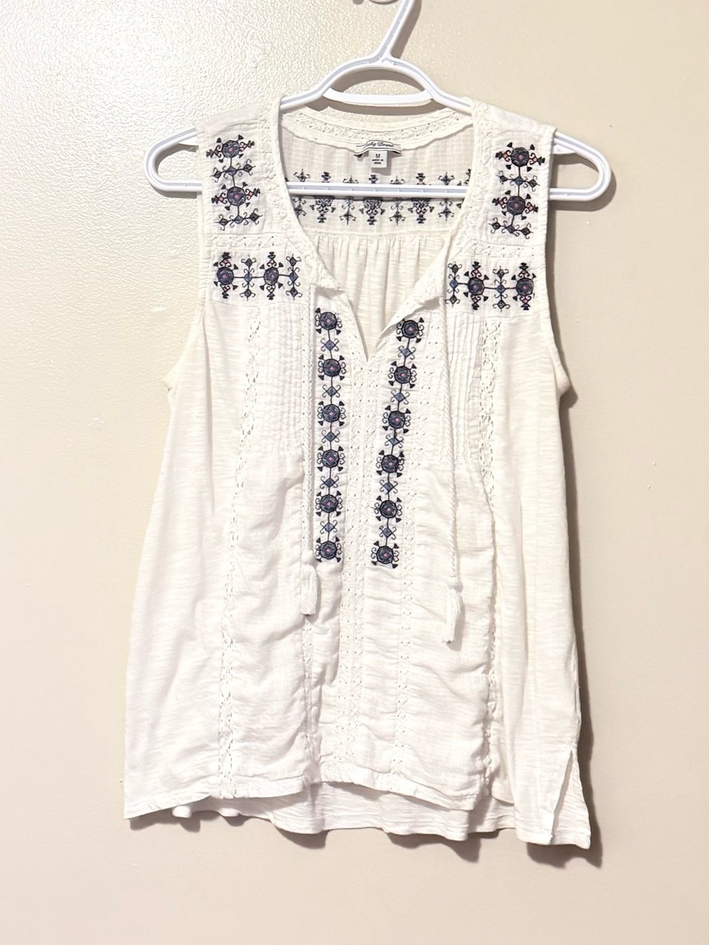 Lucky Brand White Sleeveless Tank with Navy Embroidery